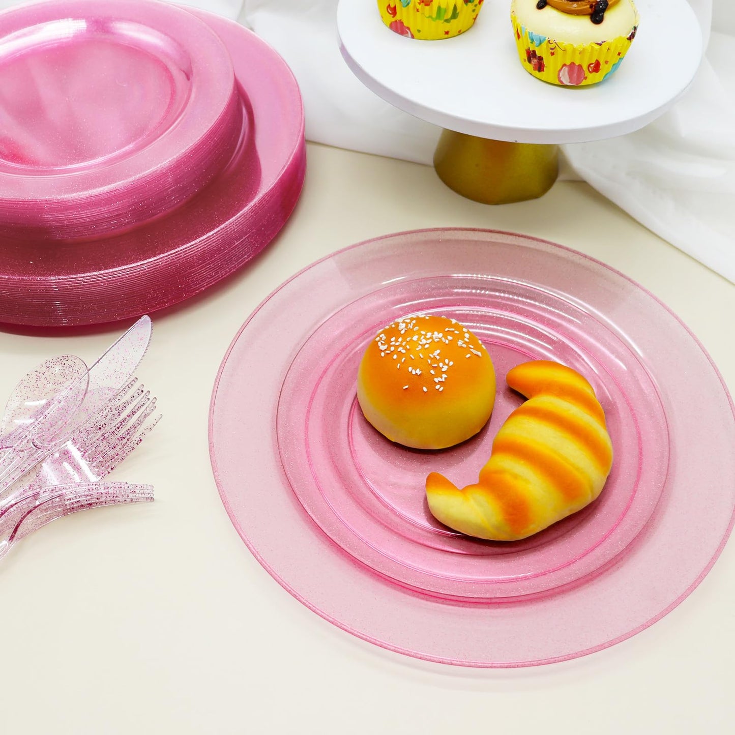 joy akkess 125 PCS Hot Pink Plastic Plates with Pink Plastic Silverware include 25 Dinner Plates 10.25”, 25 Dessert Plates 7.5”, 25 Forks, 25 Knives, 25 Spoons for Birthday, Bridal Shower,Girl Party