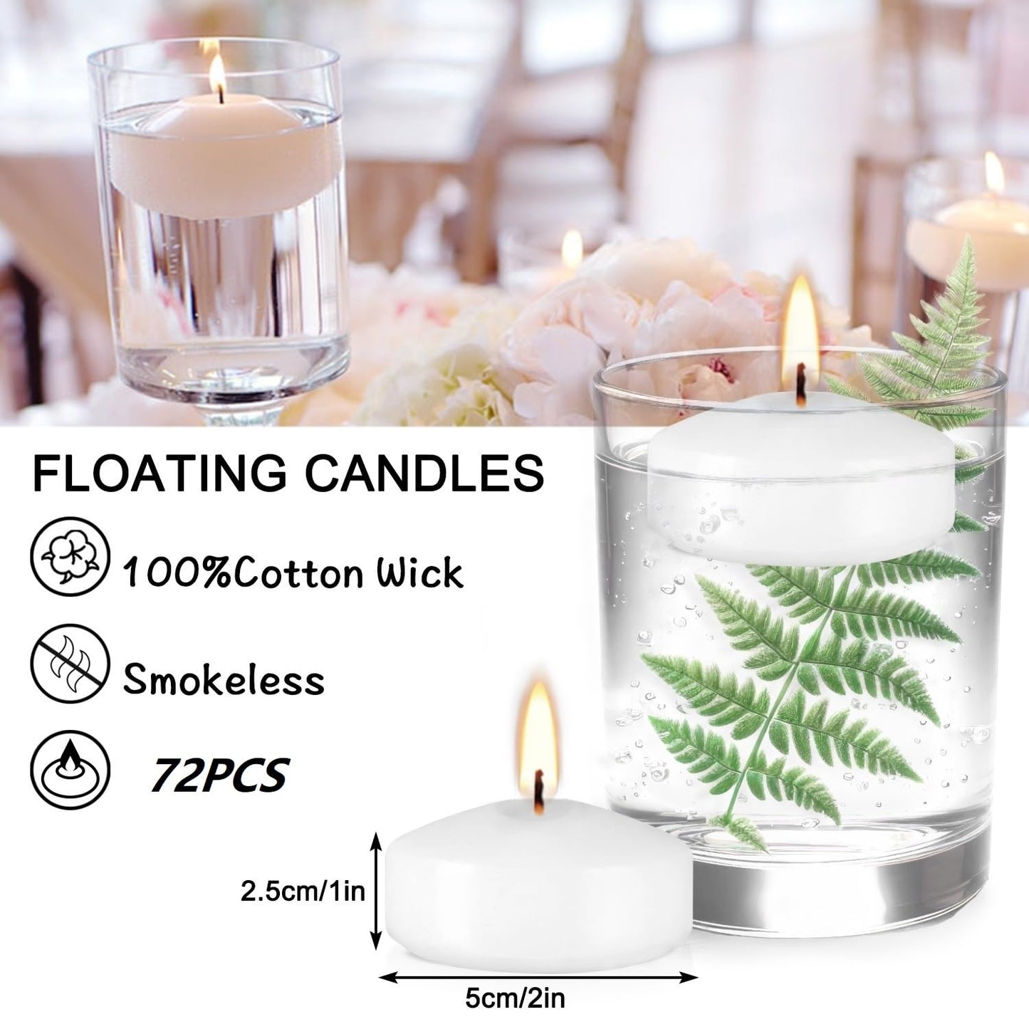 72 Floating Candles, Smoke-Free and odorless, Burning continuously for 5-6 Hours, White, 2-inch Floating Candles, Suitable for Valentine's Day, Weddings, Holidays, Home Decoration……