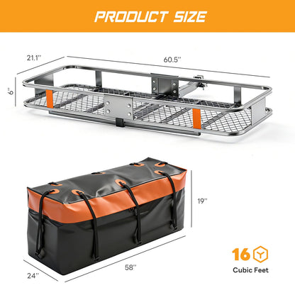 KMFurnila Folding Hitch Mount Cargo Carrier, 60.1" x 20" x 6" Steel Rack with 500 lbs Capacity, Includes Waterproof Bag, Combination Lock, Cargo Net, Straps and Hitch Stabilizer