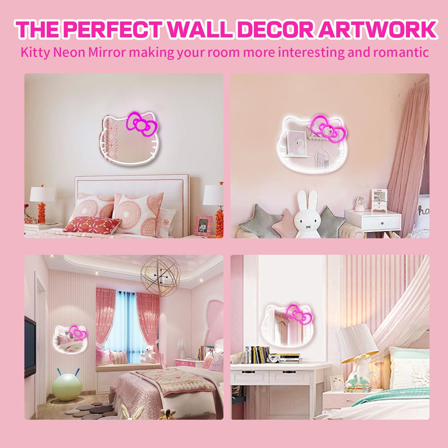 Anime Hello Kit Mirror with Light Neon Signs for Wall Decor, Dimmable for Teen Girl Gift，Makeup Mirror neon Sign Room Decor (16.1 * 14 inch)