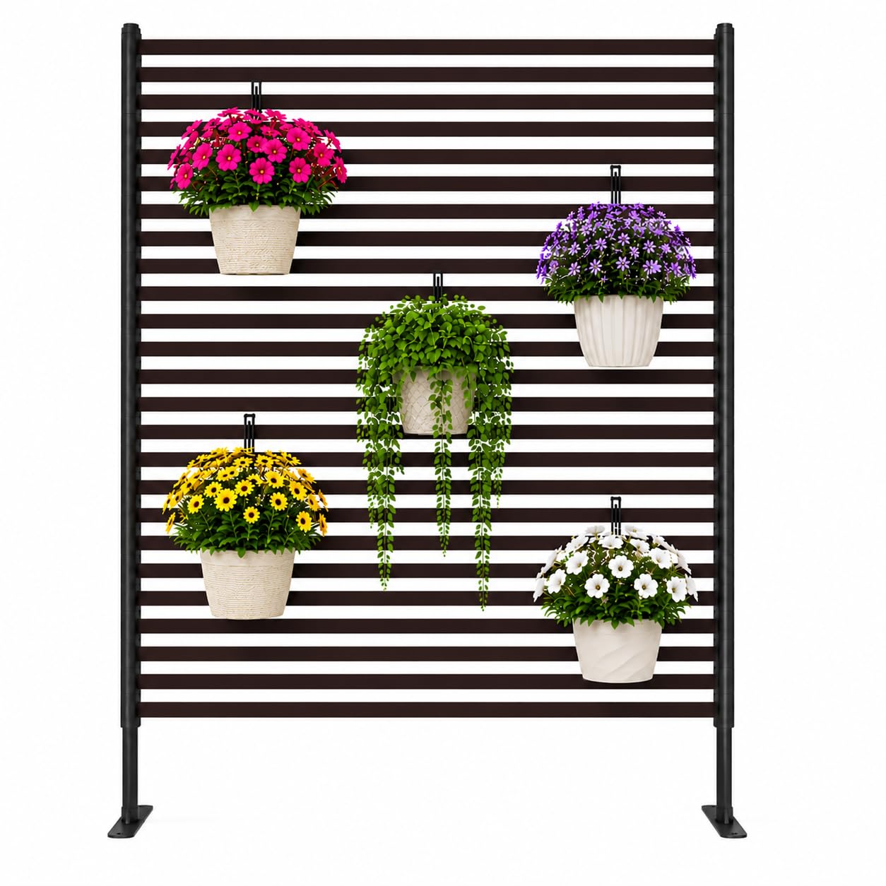 OTOSUNNY Metal Outdoor Privacy Screen with Stand, 4 ft W x 6 ft H PE-Coating Steel Pipes and Slats Panels, Decoative Privacy Screen Fence Panels Freestanding for Outside Patio Garden Backyard, Brown