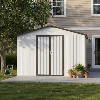 Ball & Cast 10x12 FT Sheds & Outdoor Storage,Metal Aluminum Garden Shed,with Punched Vents,Waterproof Cabinet w/Hinged Door and Padlock,Tool House for Storing Bicycles,Lawnmowers,Barbeques,White+Grey