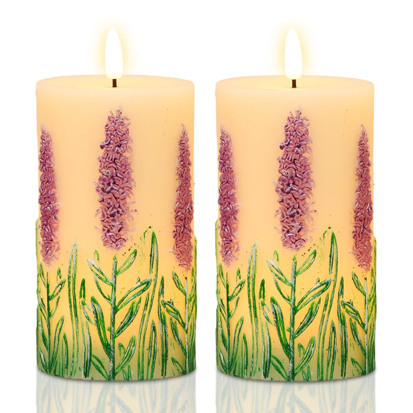 Lasumora Lavender LED Candles with 6H Timer, flameless Candles with Flickering Flame, Waxy Pillar 2 Pack Flickering Unscented Home Holiday Decoration (3 inches x 6.5 inches)