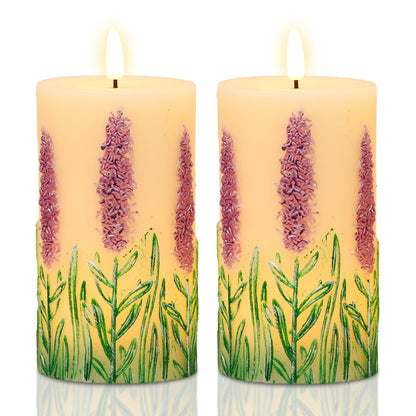 Lasumora Lavender LED Candles with 6H Timer, flameless Candles with Flickering Flame, Waxy Pillar 2 Pack Flickering Unscented Home Holiday Decoration (3 inches x 6.5 inches)