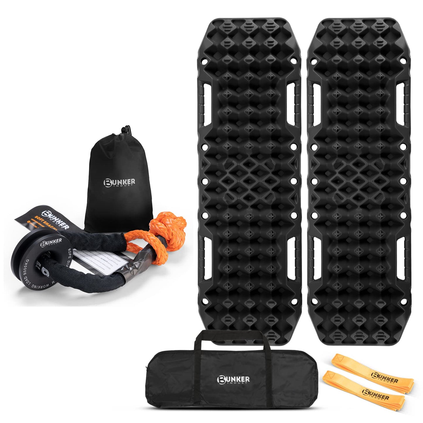 BUNKER INDUST Vehicle Offroad Recovery Kit, Pair Traction Boards Black + Synthetic Soft Shackle with Winch Ring