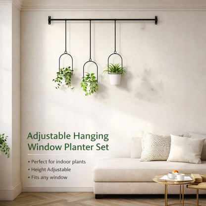 Adjustable Hanging Window Planter Set, Window Hanging Planters, Indoor and Outdoor Wall Plant Hanger, with 3 Plastic Pots, Flexible Nylon Rope, for Windows and Ceilings (Black)