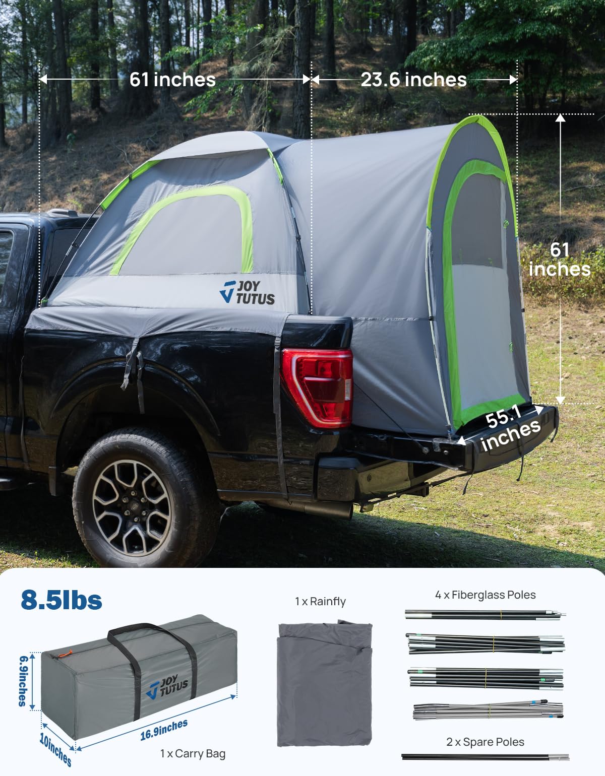 JOYTUTUS Truck Tent with Rainfly 5.0Ft, Straight Spacious Truck Bed Tent with Sky View Mesh, Waterproof PU2000mm Double Layer for 2 Person, Gray Green