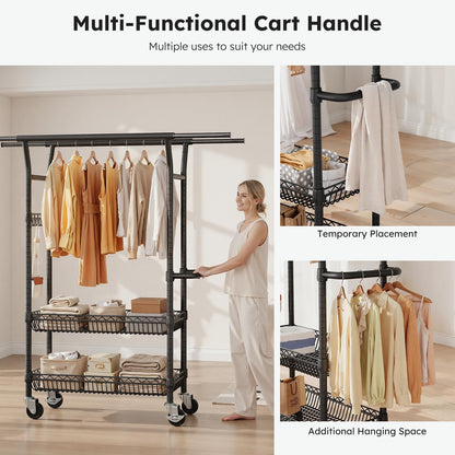 SOLEDI Heavy-Duty Clothes Rack, 1000 LBS clothing rack with wheels Load Capacity Double Rod Clothing Rack with Shelves & Lockable Wheels, Suitable for Bedroom, Entryway, Living Room & Garage (black)