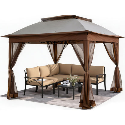 Solaroxy 10' x 10' Pop Up Gazebo Tent, Outdoor Screen Canopy Shelter, Instant Patio Sun Shade Gazebo Tent with 2 Tiers Roof & Mesh Netting for Garden, Lawn, Backyard, Party, Beige & Coffee