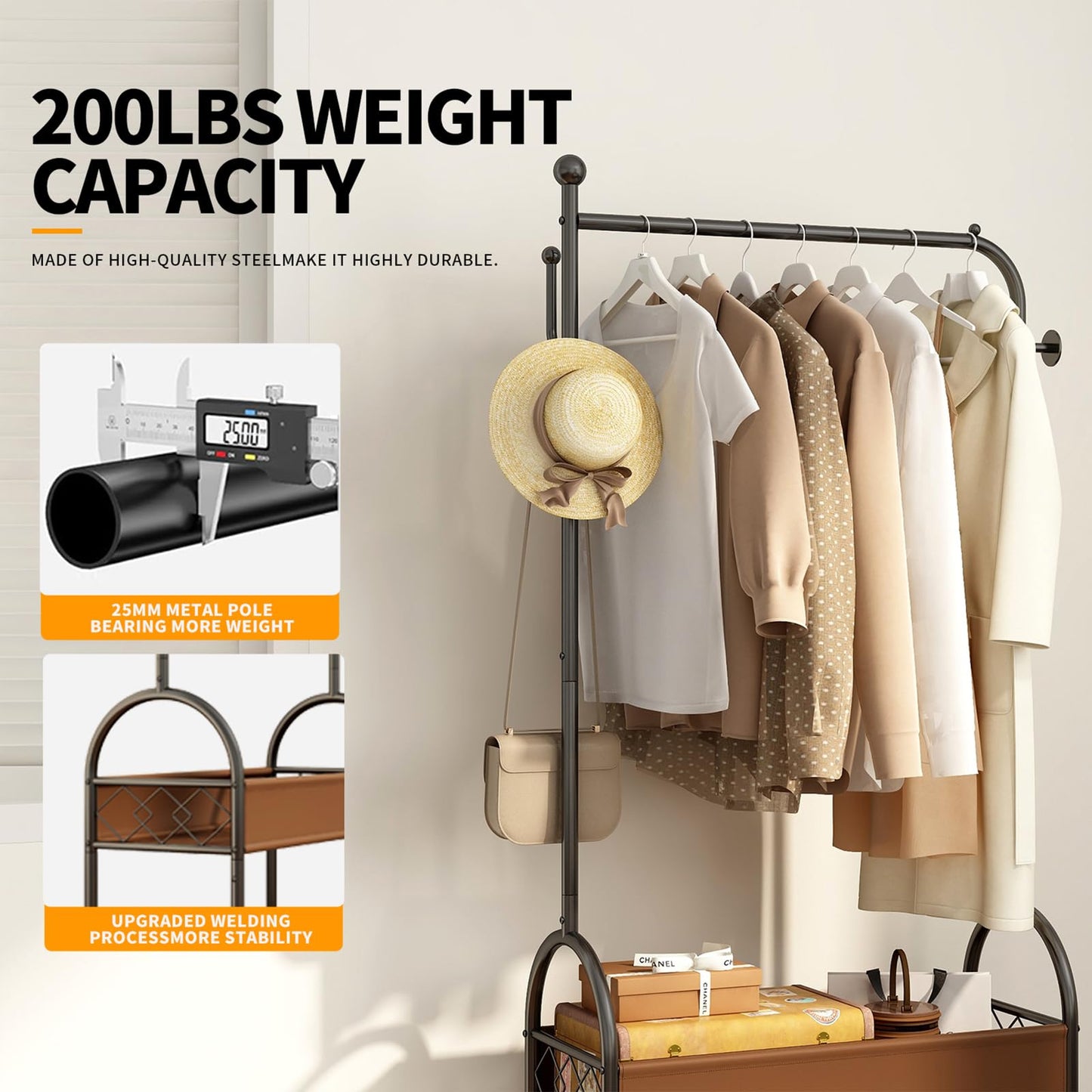 Portable Rolling Anywhere Clothes Racks for Hanging Clothes, Heavy Duty Metal Garment Rack, Freestanding Clothing Rack with Smooth-Rolling Wheels,Double Layers Wardrobe Rack Organize Everything