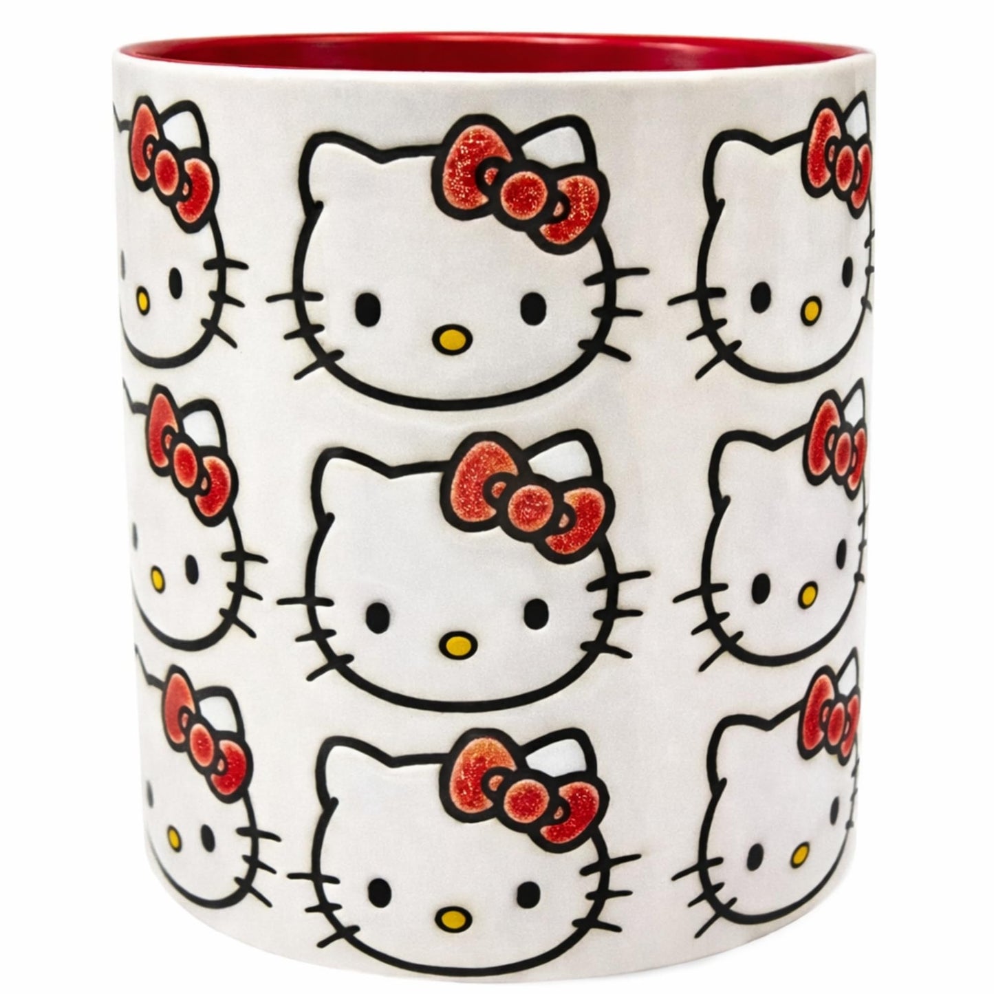 Blue Sky Clayworks Hello Kitty Face Pattern Red Ceramic Candle, Vanilla Cupcake Scent, 4" L x 4" W x 4" H, Bow Parade Glow