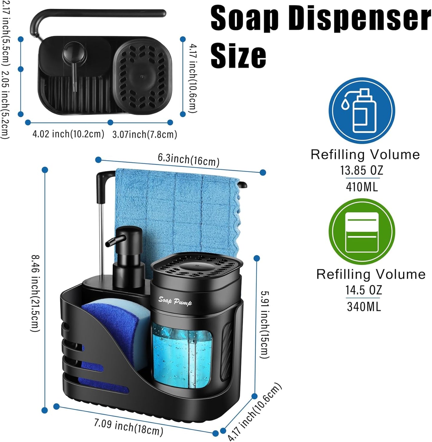 Skiennix Kitchen Soap Dispenser Set - 4-in-1 Dual Soap Dispenser with Sponge & Dishcloth Holder | Black