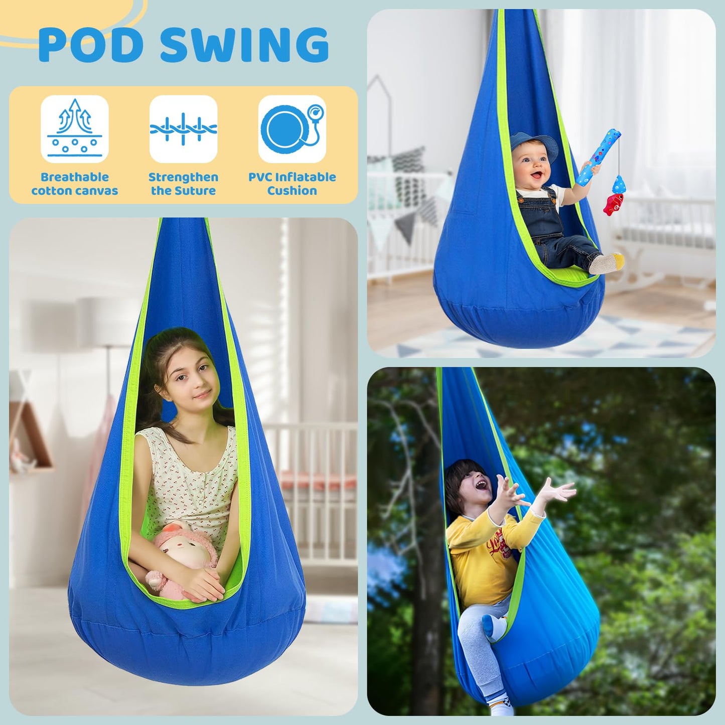 Swing Stand Frame with Sensory Pod Swings and Chair, Sensory Swing Set, X-Shaped Swing Frame, Heavy-Duty Metal Hammock Chair Stand for Adults Indoor and Outdoor 330LBS(Blue)