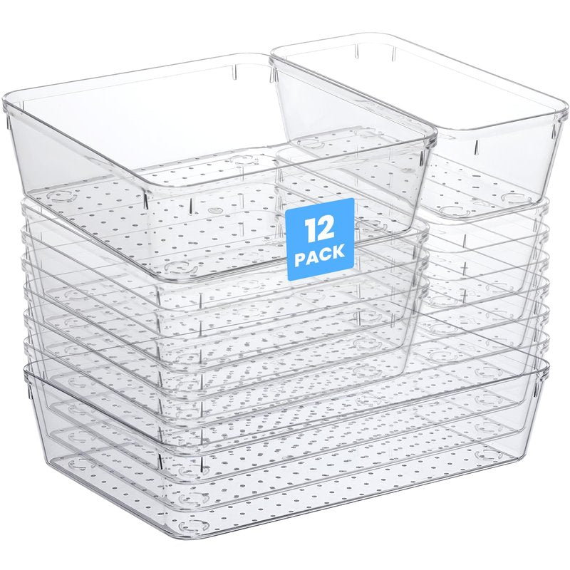 12 Pack Drawer Organizer - 3 Sizes, Clear Plastic Kitchen Drawer Organizers Set, Versatile Bathroom and Vanity Organizer Trays,Storage Bins for Makeup, Bathroom, Jewelries and Office
