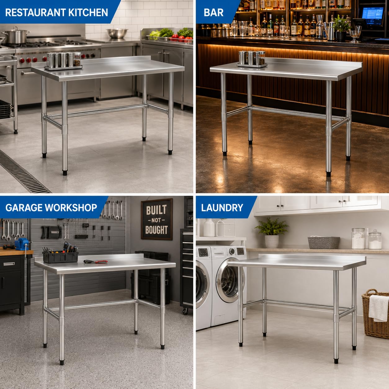Chingoo Open Base Stainless Steel Work Table 30x36 Inch with Backsplash, Heavy-Duty Prep Table for Commercial Restaurant, Kitchen, Bakery, or Garage