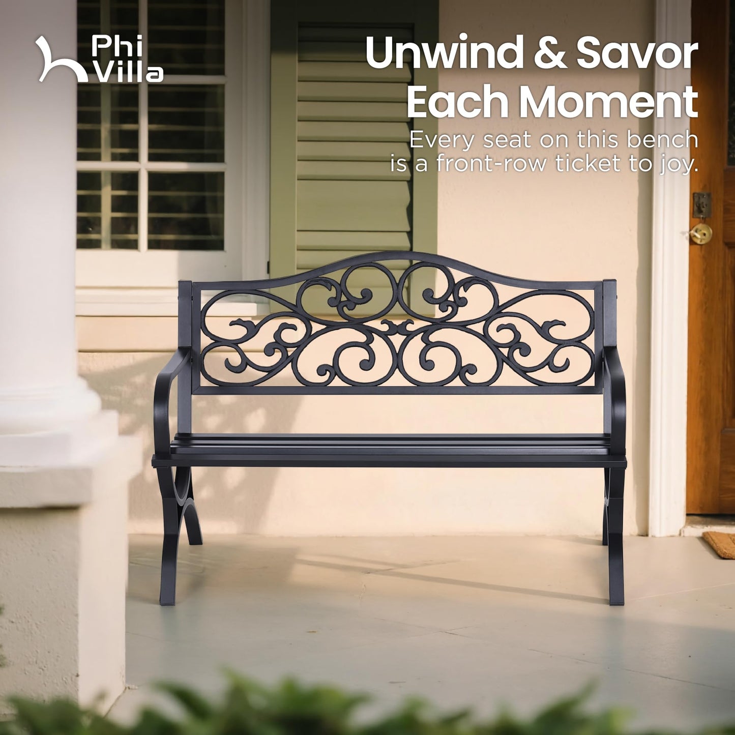 PHI VILLA 50-Inch Cast Iron Steel Frame Garden Bench Outdoor Patio Bench Chair w/Floral Design Backrest, Slatted Seat for Park, Yard & Porch, Black