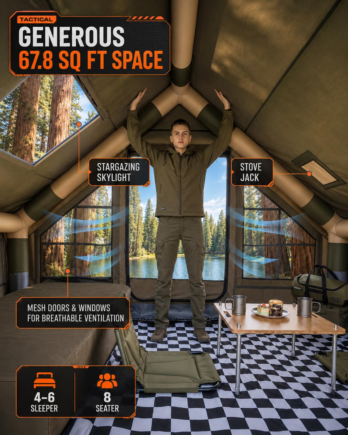 Inflatable Tent with Skylight, Fast Setup Blow Up Air Camping Tents with Pump, Hot Tent with Stove Jack, Waterproof 420D Oxford Inflate House for 4-8 Person, Glamping Cabin for Outdoor 4 Seasons