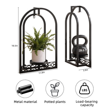 Rioneta Wall Planter Holder with Light, Metal Arch Frame Hanging Plant Stand with Grow Lights, Modern Black Iron Wall Decor for Indoor Outdoor Living Room, Balcony & Garden 2 Pack Black