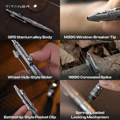 TITANER Mecha Pen 2.0 GR5 Titanium Tactical EDC Pen - Bolt-Action Design with Visual Ink Window, M390 Steel Tip, Hidden Tool & Tritium Slot for Daily Outdoor