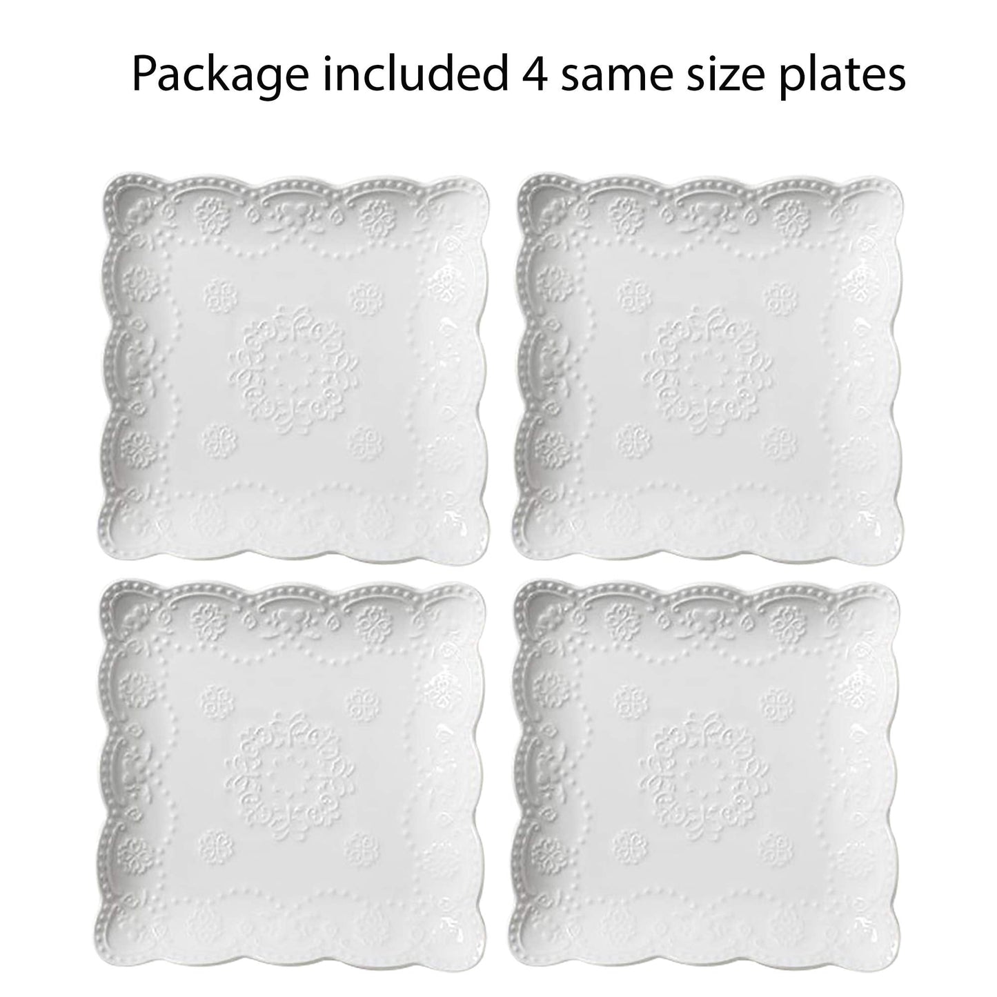 Jusalpha Set of 4-Square Embossed Lace Ceramic Plate-Dinner Plate Set, Pasta/Salad/Dessert Plate Dishwasher MicrowaveTableware Set for Restaurant Family Party Kitchen Use (White, 6 Inches)