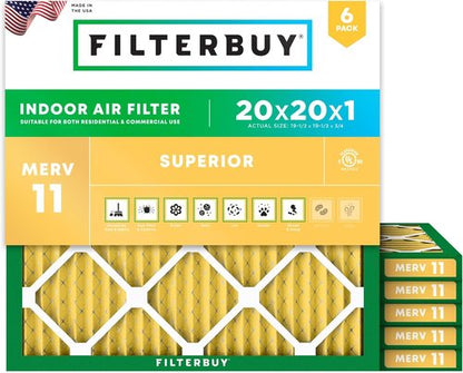 Filterbuy 20x20x1 Air Filter - MERV 11 Pet & Allergy Defense | 6-Pack Electrostatic Pleated HVAC Filters (Actual Size: 19.5 x 19.5 x 0.75)