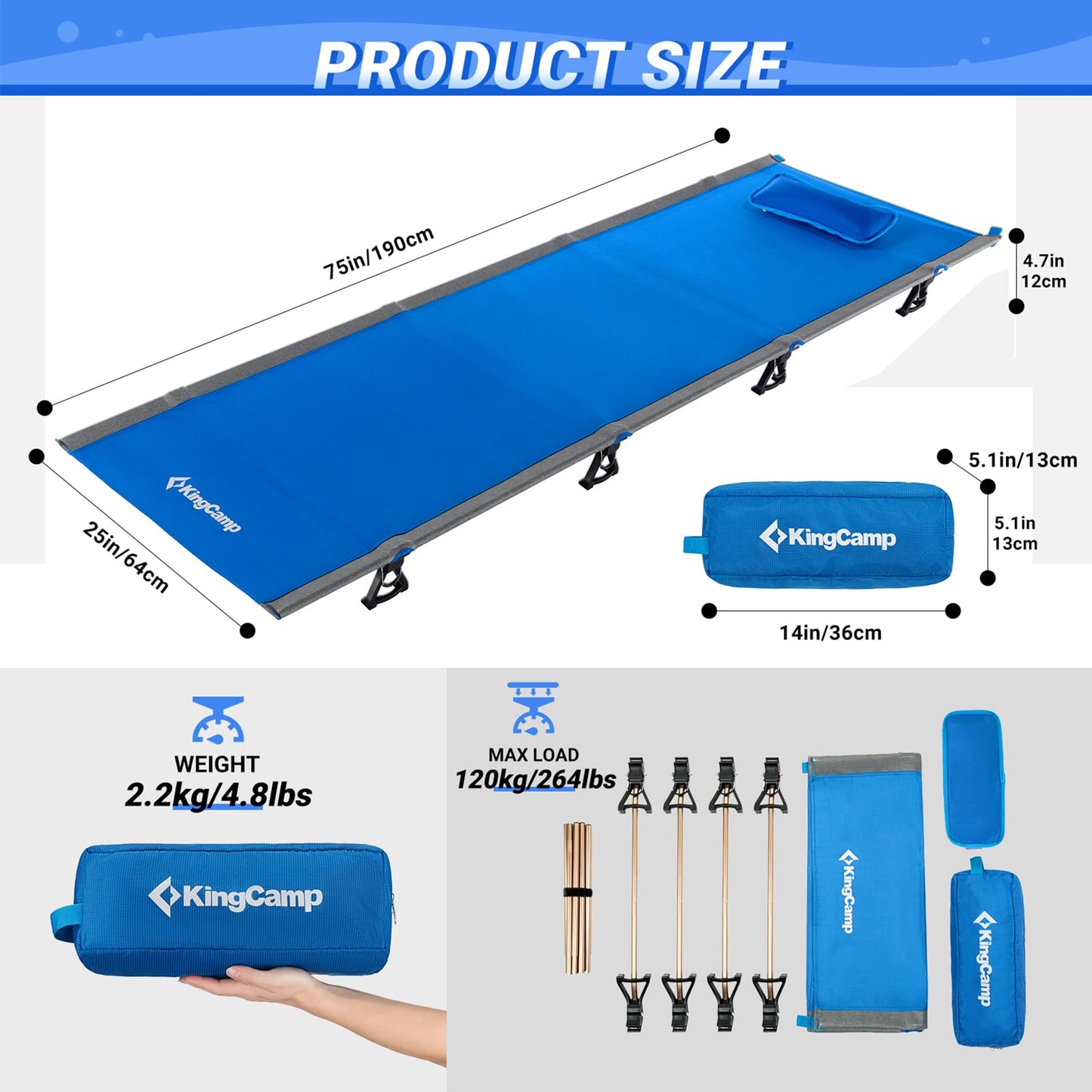 KingCamp Ultralight Camping Cot, Portable Folding Sleeping Cot for Adults, 265 Lbs Heavy Duty Compact Bed for Outdoor Backpacking Travel Hiking, Extra Wide 75 x 25 Inches, Blue