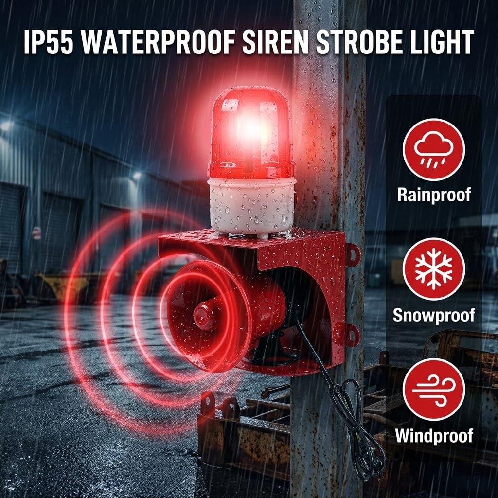 BOVZOR Industrial Siren Alarm Strobe Light Compatible with Factory and Gantry Crane Systems, AC 110V 120dB Loud Industrial Siren with Red Strobe Warning Light, IP55 Weather-Resistant Emergency Beacon