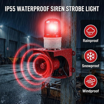 BOVZOR Industrial Siren Alarm Strobe Light Compatible with Factory and Gantry Crane Systems, AC 110V 120dB Loud Industrial Siren with Red Strobe Warning Light, IP55 Weather-Resistant Emergency Beacon
