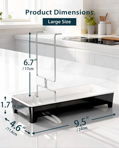 Caumic Minimalist Sink Caddy, Rustproof Sponge Holder for Kitchen Sink with 304 Stainless-Steel Brush Holder, Countertop Rack Organizer with Raised Ridges & Silicone Drain Tube (Black, Large)