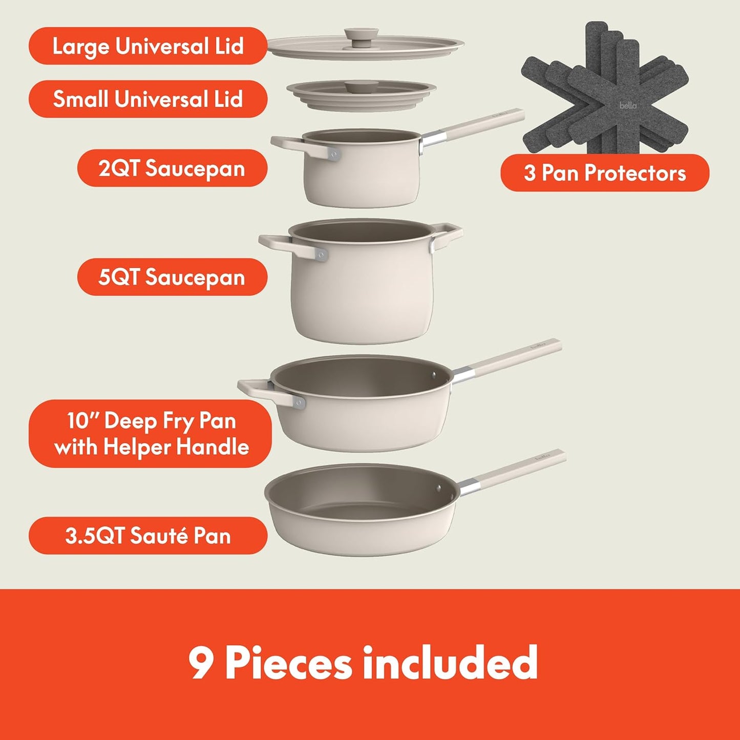 Bella 9-Piece Ceramic Nonstick Cookware Set - EverGood™ Coating, Dishwasher & Oven Safe, Oatmilk Color