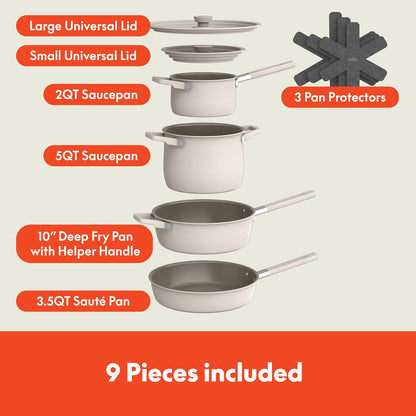 Bella 9-Piece Ceramic Nonstick Cookware Set - EverGood™ Coating, Dishwasher & Oven Safe, Oatmilk Color