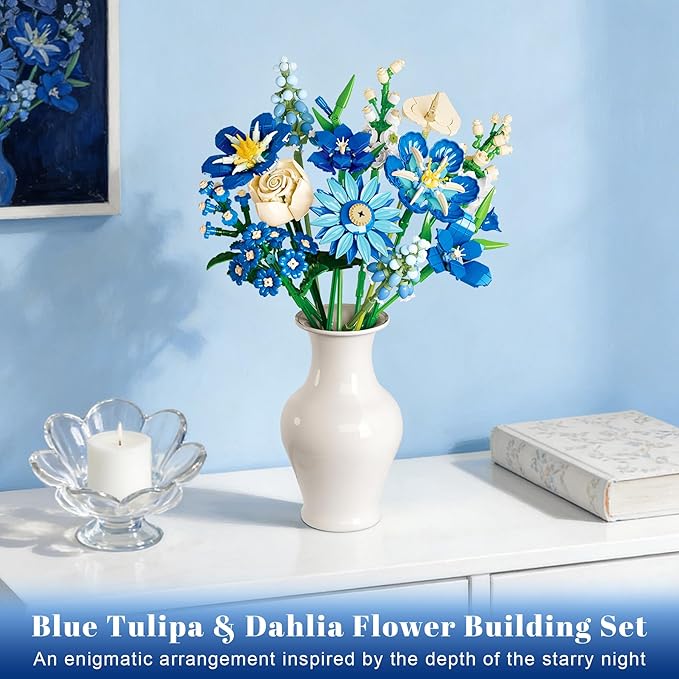 Blue Flower Bouquet Building Set Compatible with Lego Flowers for Adults Artificial Botanical Collection Kit for Valentines Day Mother's Gifts Home Room Desk Shelf Decor