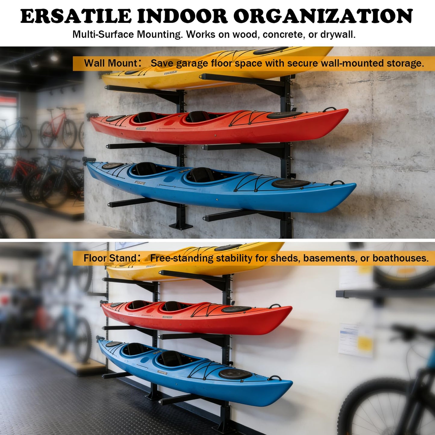 LAJIAOZ Heavy Duty Kayak Storage Rack for Dock/Garage, Adjustable Freestanding Kayak Stand or Wall Mount Kayak Rack, 3-Tier Indoor Outdoor Canoe Storage Rack for 3-4 Kayaks, SUP & Paddleboard