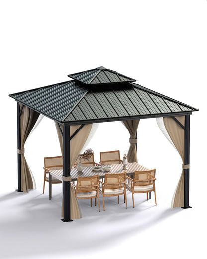 10x10 FT Double Metal Roof Hardtop Gazebo, All-Weather Outdoor Patio Pavilion with Aluminum Iron Frame, Mosquito Netting and Privacy Curtains, Permanent Shelter for Garden Deck Lawn Backyard