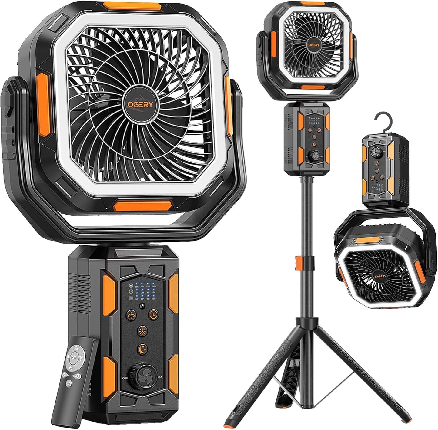 OGERY Camping Fan, Portable Fan with Adjustable Height Stand, 20000mAh Rechargeable Battery Powered Fan with Remote, LED Light, Auto Oscillation, Fast Charging, Floor or Desk Fan for Tent, RV, Travel