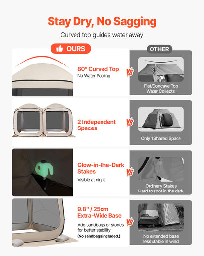 VEVOR Pop up Screen House Tent, 12 x 6 ft, 2 in 1 Screen Gazebo, Portable Screened in Canopy with Carry Bag, Netting Sides, Ground Stakes, for Garden, Patio, Backyard, and Outdoor Activities, Beige