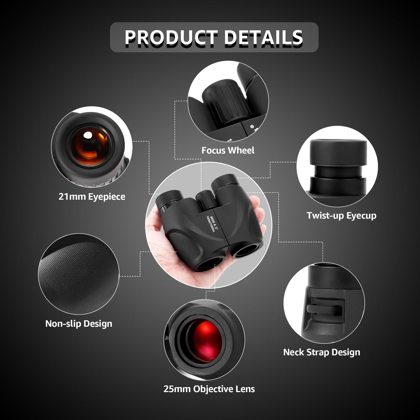 Culture Gifts 8x25mm Binoculars for Adults High Power Clear View, Easy Focus, Multi-Coated Lens, BAK-4, 21mm ED Eyepiece, Twist-up Eyecup, Magnification Compact Binocular for Hunting Bird Watching