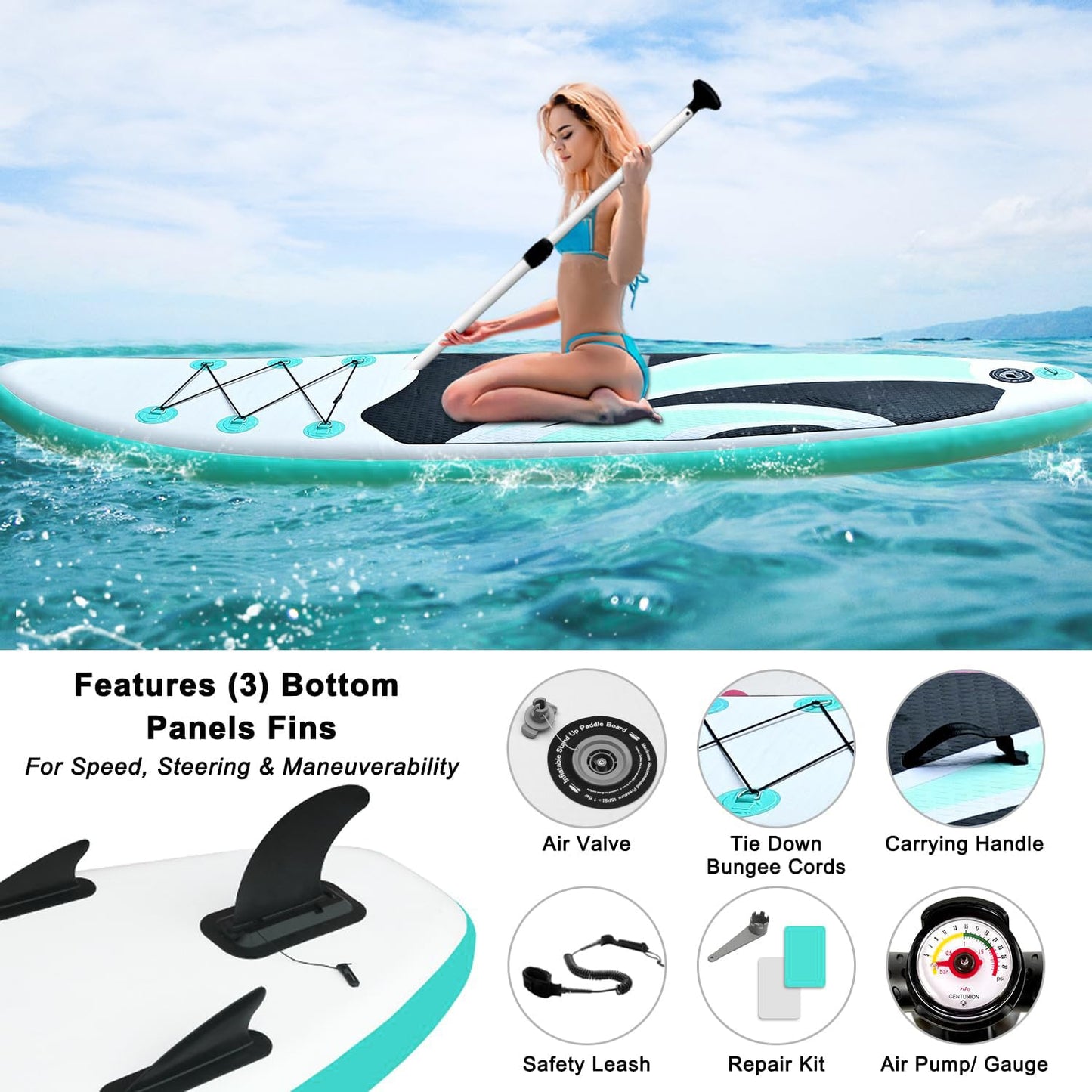 SUDOO Inflatable Stand Up Paddle Board 10'x30 x6 Ultra-Light SUP Stand-Up Paddleboard for Adults with Backpack, Pump, Paddle, Coil Leash, Triple Fins, Repair Kit