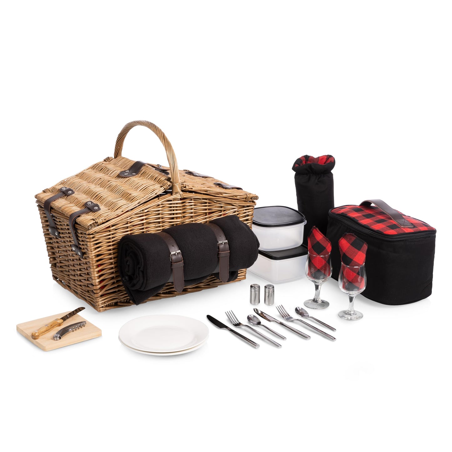PICNIC TIME Somerset Deluxe Picnic Basket with Picnic Blanket, Soft Cooler and Wine Bag - Picnic Set 2 - Romantic Picnic Wine Basket, (Red & Black Buffalo Plaid Pattern)