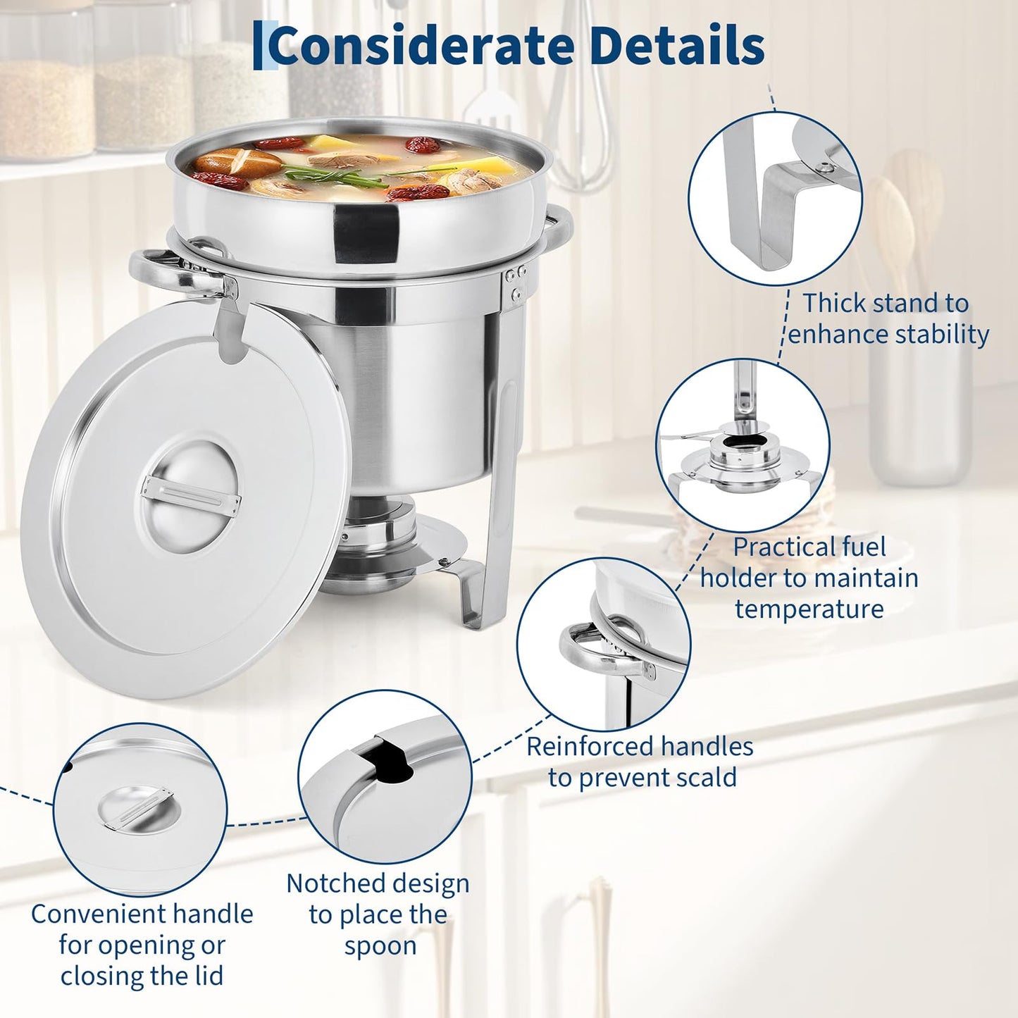 GarveeHome 7QT Soup Chafer Set of 2, Stainless Steel Round Soup Warmer with Pot, Notched Lids & Fuel Holders, Commercial Food Warmer for Buffets, Events and Party Service