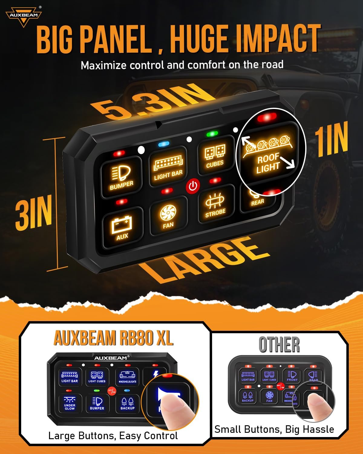 Auxbeam 8 Gang Switch Panel RA80 XL RGB Momentary Pulsed Toggle Switch Panel, Dimmable Backlight Multifunction Switch Panel with Memory Function for 12-24V Truck Offroad Car Marine, 3 Years Warranty