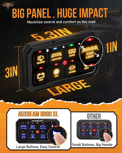 Auxbeam 8 Gang Switch Panel RA80 XL RGB Momentary Pulsed Toggle Switch Panel, Dimmable Backlight Multifunction Switch Panel with Memory Function for 12-24V Truck Offroad Car Marine, 3 Years Warranty