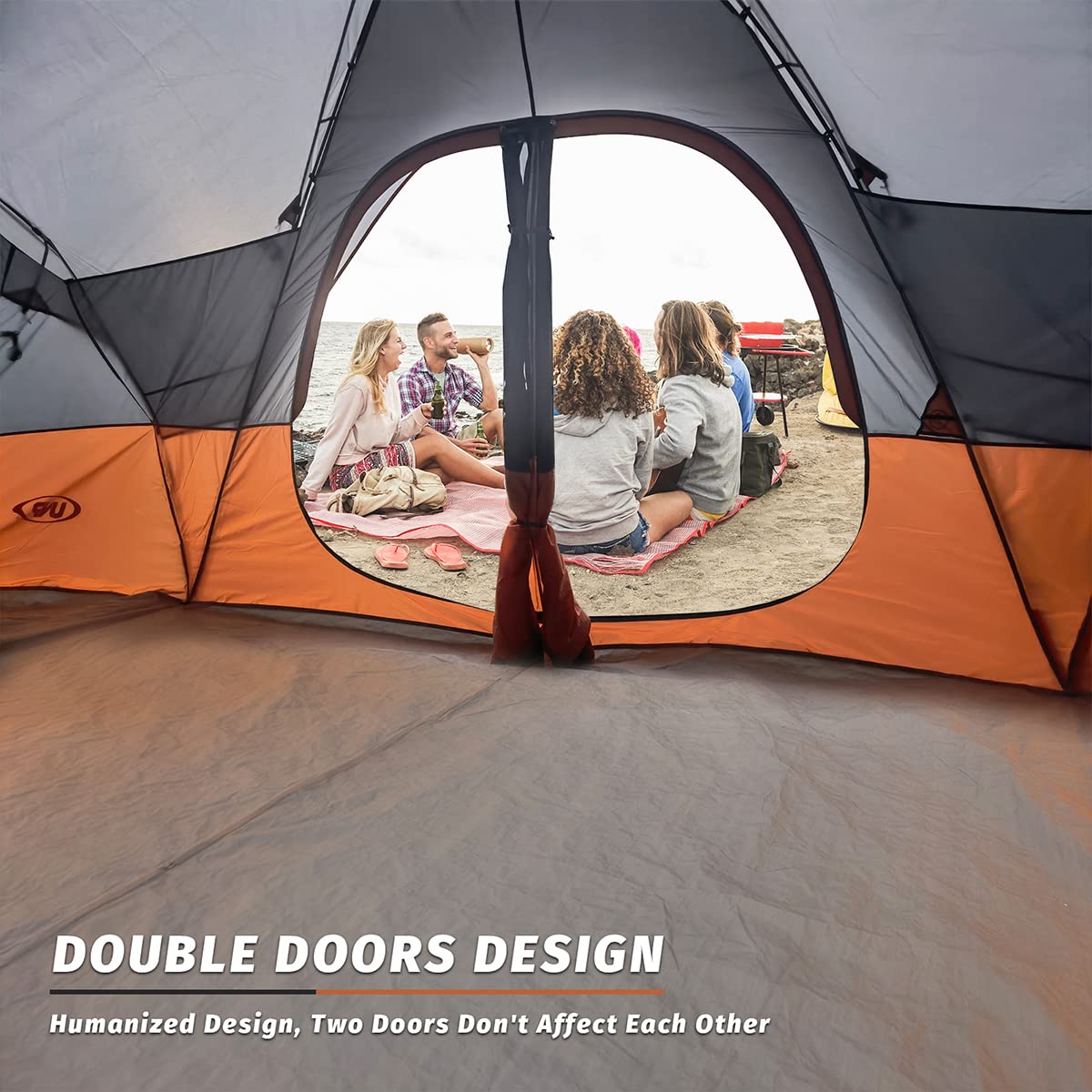 UNP Camping Tent 10-Person Family Tents, Big, Easy up, 5 Large Mesh Windows, Double Layer, 2 Room, Waterproof, Weather Resistant, 18ft x 9ft x78in (Orange)