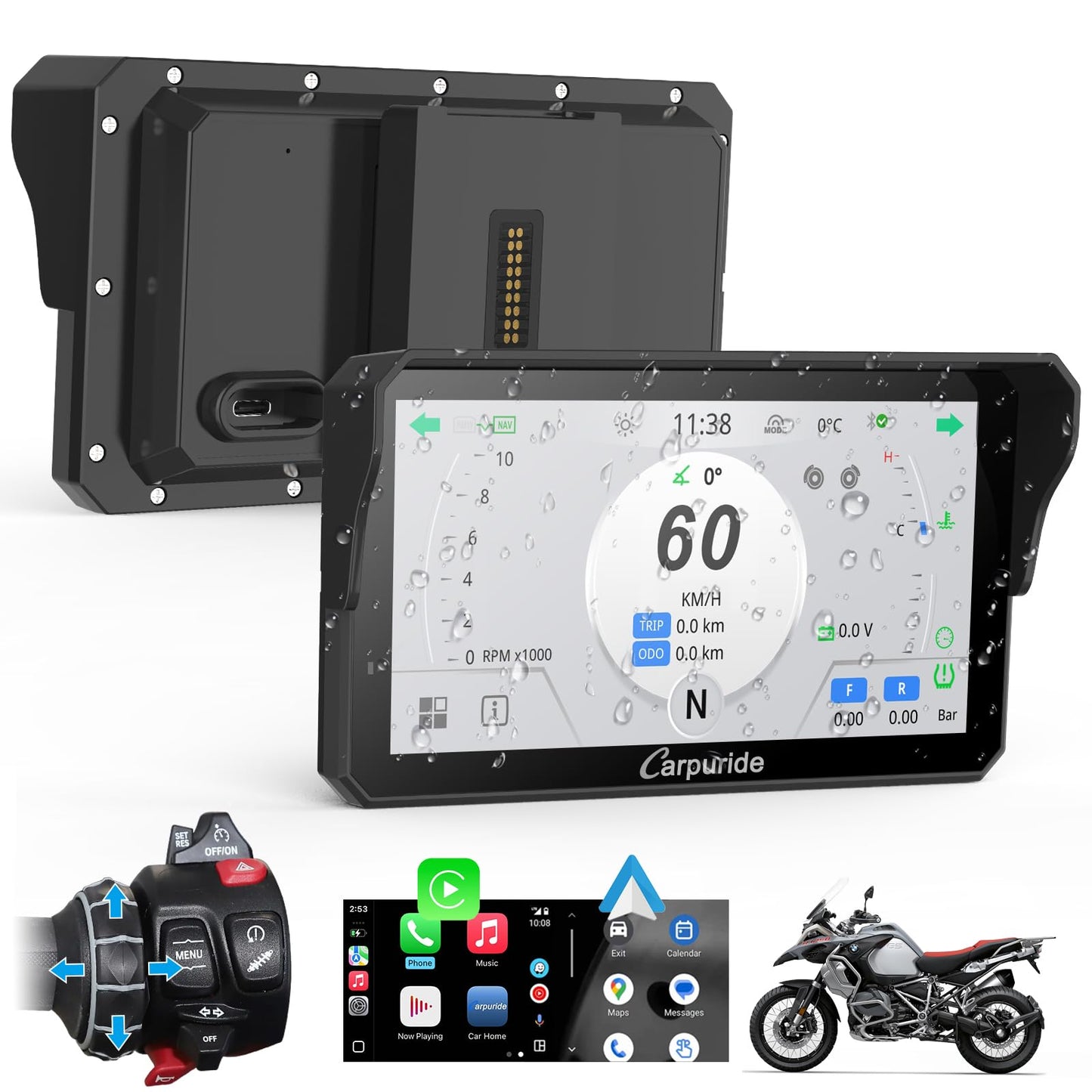 Carpuride W602BSPRO for BMW Motorcycle Carplay & Android Auto 6.25" IP67 Waterproof Car Play Moto GPS Navigation Screen with Dual Bluetooth, Data Reading, OTA, Wonder Control, TPMS, Compass, Barometer