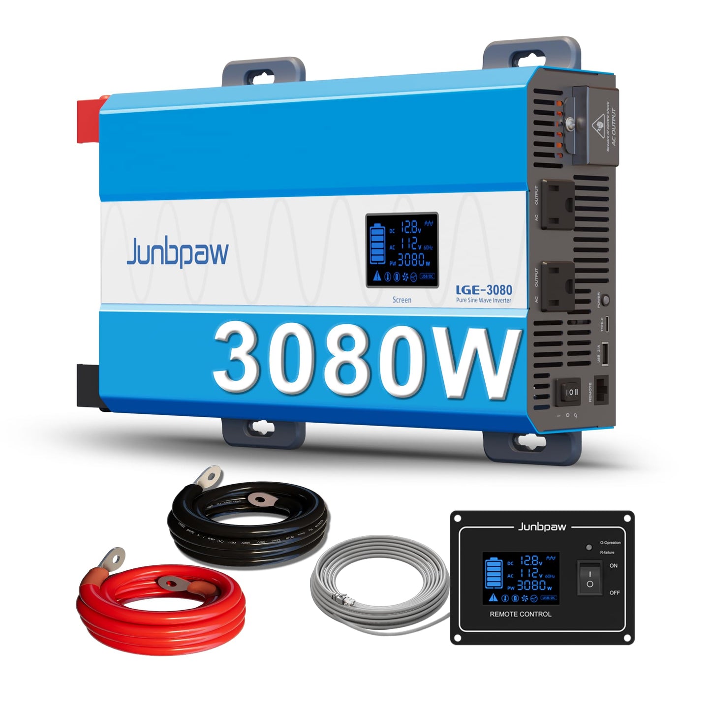 Junbpaw 3080W Pure Sine Wave Power Inverter - 35dB Ultra Quiet, 9000W Surge, Game-Changing Design | 12V to 120V AC Converter for Home, RV, Camping, Off-Grid & Outdoor Adventures