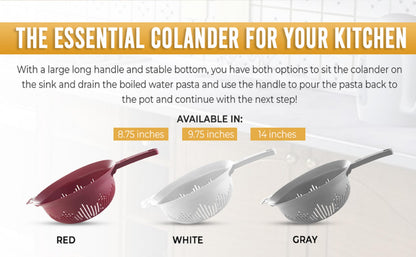 YBM Home 9.75 Inch Plastic Strainer Colander with Long Handle – Made of Food Safe BPA-Free Plastic - Use for Pasta, Noodles, Spaghetti, Vegetables and More 31-1130-white (1, White)