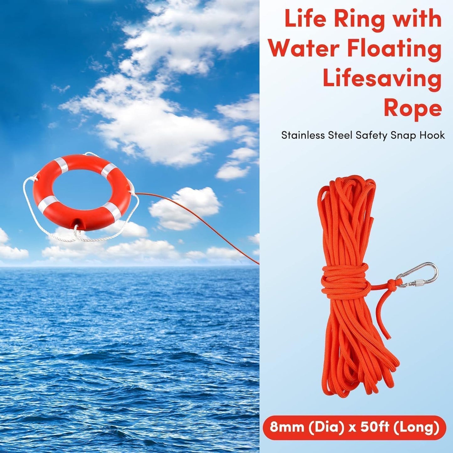 23" Life Ring Boat Safety Throw Ring with Water Floating Lifesaving Rope 50’ and Horseshoe Buoy Bracket for Boating Safety - 3 Pack