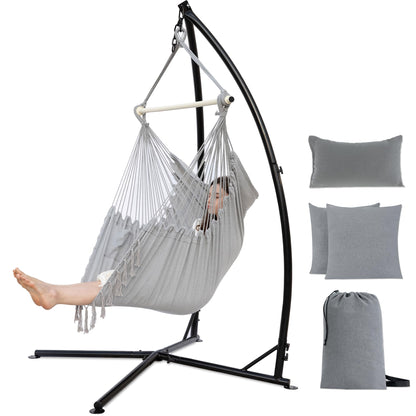 PNAEUT Hammock Chair with Stand Indoor Outdoor, Hanging Chair, Egg Swing Chair with Patented Adjustable Pillow, 2 Cushions, Bag, for Bedroom Balcony Patio, 350lbs Capacity (Light Gray)