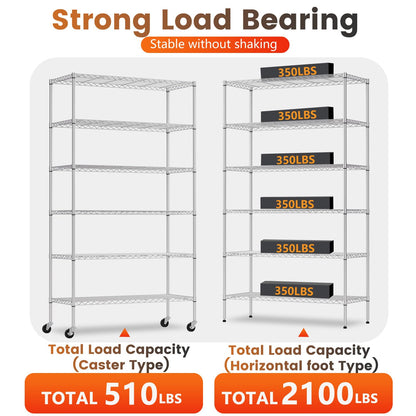BestOffice | 6-Tier Wire Storage Shelves with Wheels | 18x45x82 | Chrome | Adjustable Racks | Heavy-Duty Metal Shelf, Holds Upto 2100 lbs | No-Tool Assembly | Ideal for Home & Garage Shelving