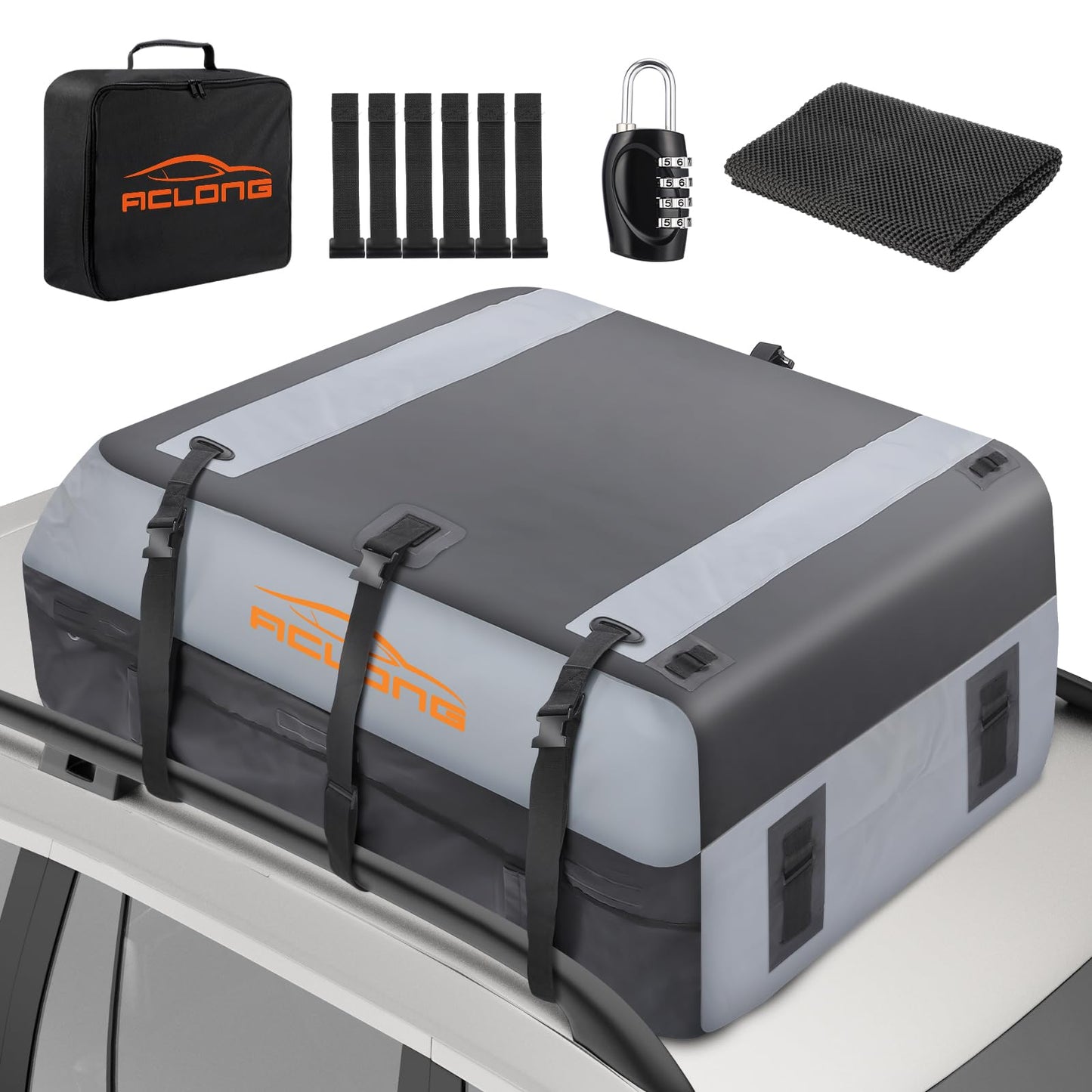 ACLONG 21 Cubic Feet Rooftop Cargo Carrier Bag, 840D Waterproof Car Roof Bag for Cars with/Without Racks, Heavy Duty Roof Top Cargo Bag with Anti-Slip Mat, 6 Door Hooks, Storage Bag & Lock